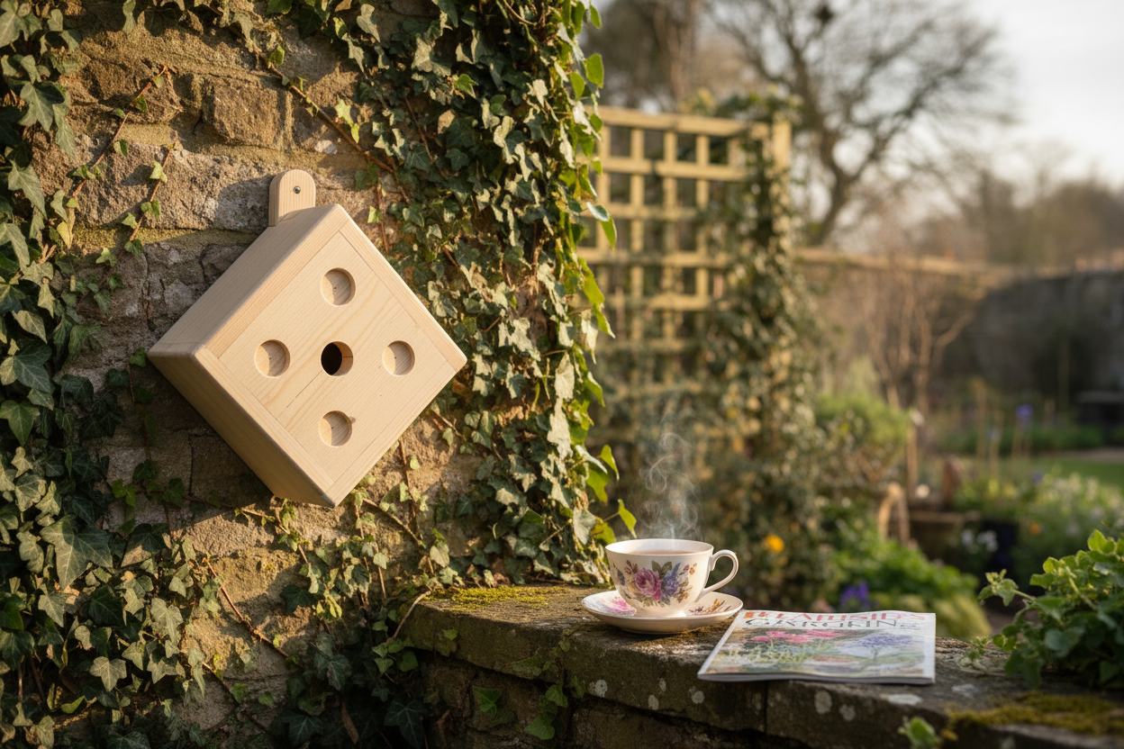 Wooden dice character bird box on a garden wall with ivy, tea and a gardening magazine