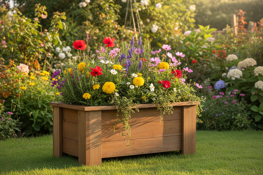 Handcrafted rectangular wooden planter in cottage garden setting
