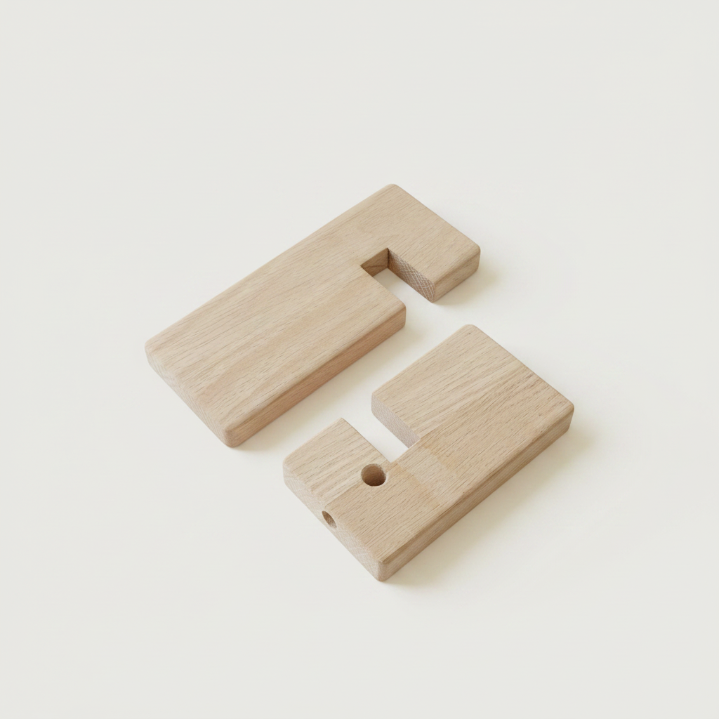 Handcrafted recycled oak desktop mobile phone holder shown disassembled on clean white background