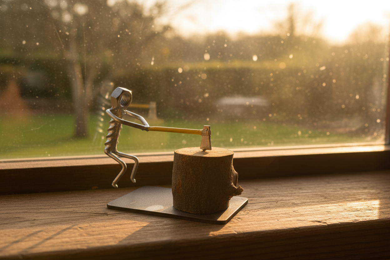 The Woodcutter sculpture lifestyle shot on a windowsill with golden hour light