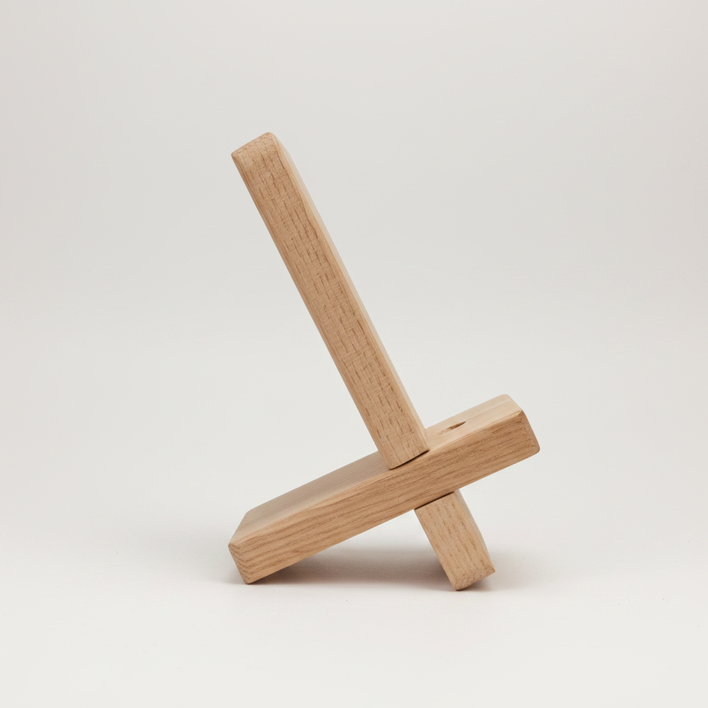 Handcrafted recycled oak desktop mobile phone holder side view showing slot detail on clean white background