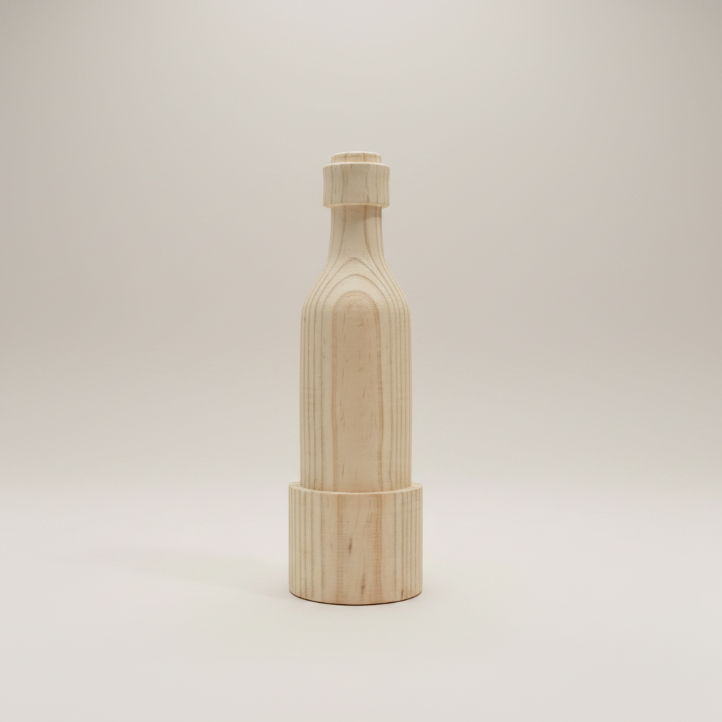 Handcrafted wooden wine bottle holder without rose showing wood grain and artisan detail