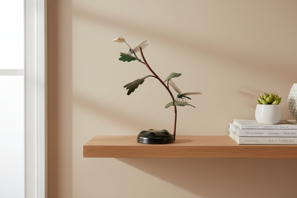 Dragonfly Dance sculpture displayed on a warm interior oak shelf
