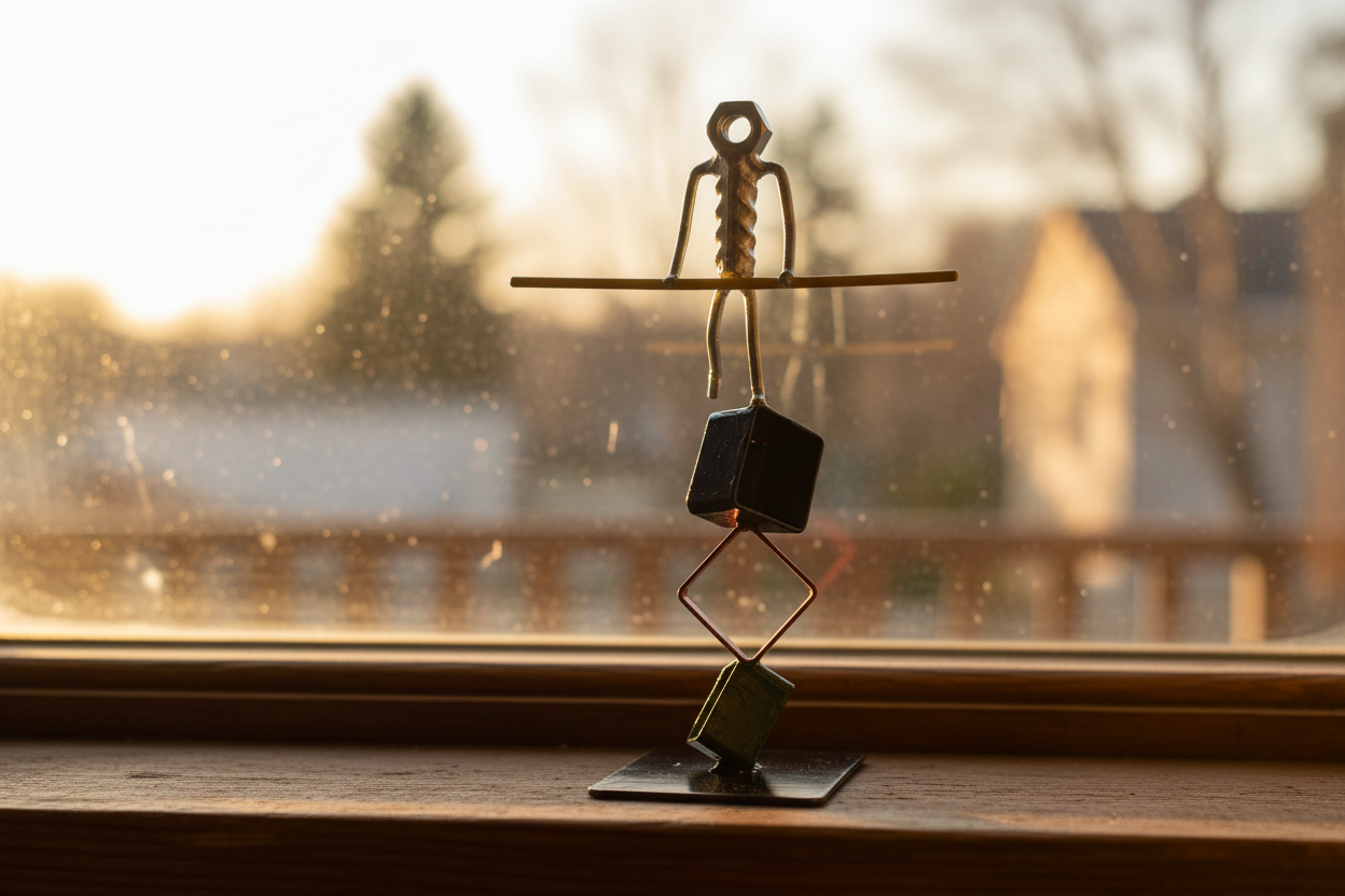 The Balancing Act sculpture on a windowsill with golden hour light