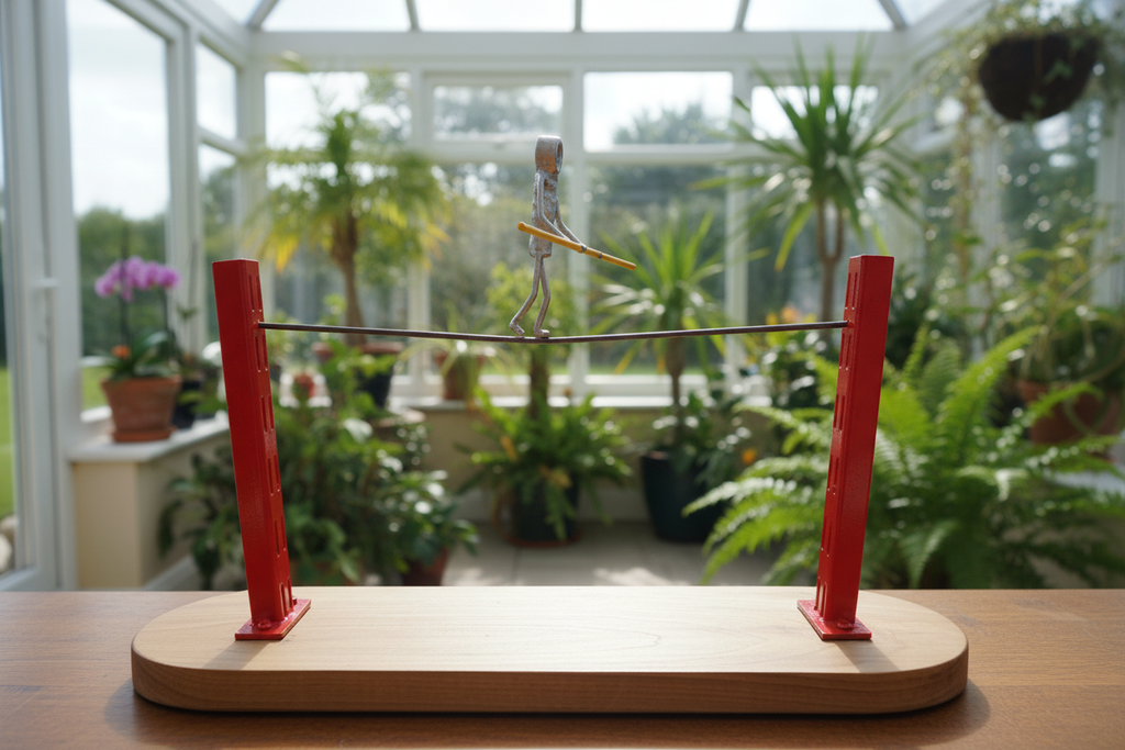 The Tightrope Walker sculpture displayed in a bright conservatory setting