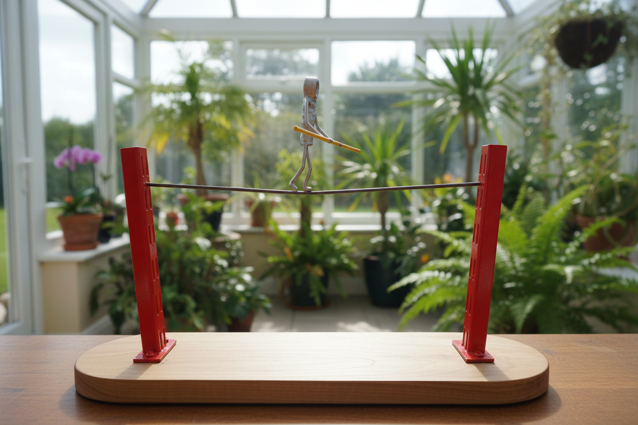 The Tightrope Walker sculpture displayed in a bright conservatory setting