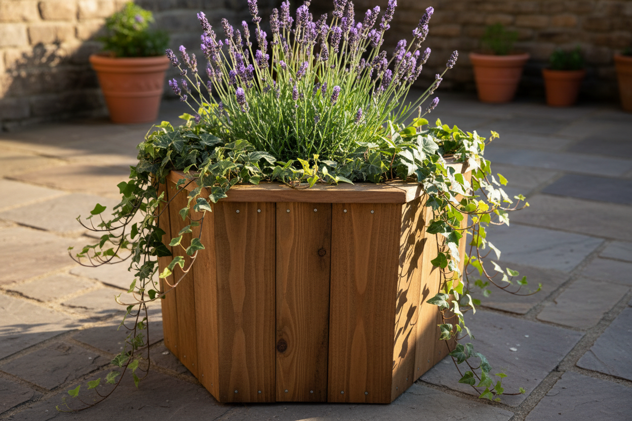 Handcrafted hexagonal wooden planter on sunny patio with lavender