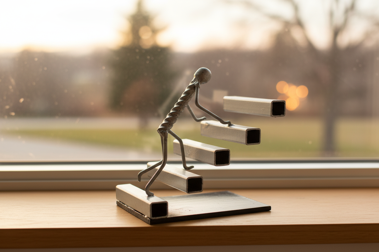 Step by Step sculpture on a windowsill with golden hour light