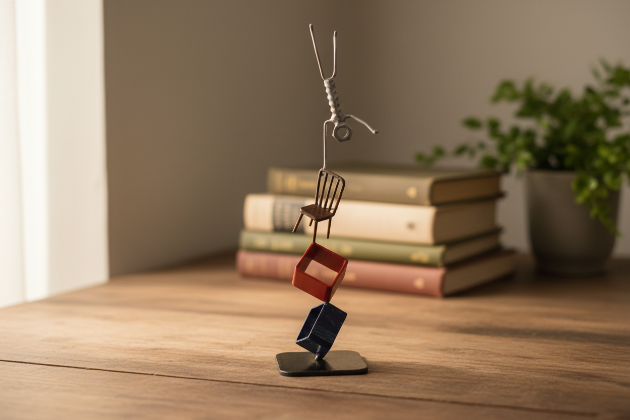 Holding It Together sculpture on a rustic wooden desk with natural light