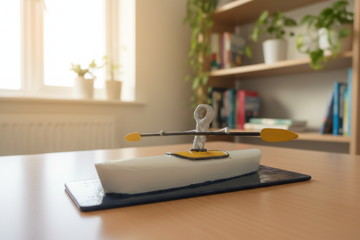 Paddle On kayak sculpture displayed on a home office desk